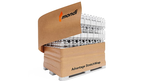Mondi's Advntage StretchWrap packaging wrapped around a ballet of plastic water bottles on a white background